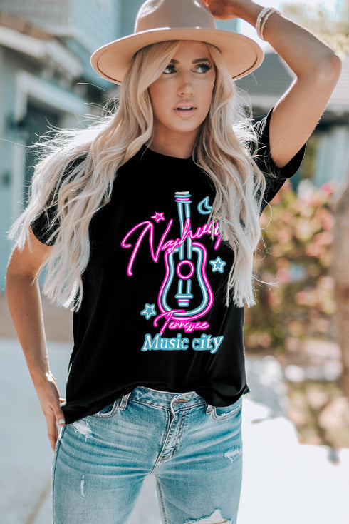 Black Music City Guitar Graphic Print Short Sleeve T Shirt